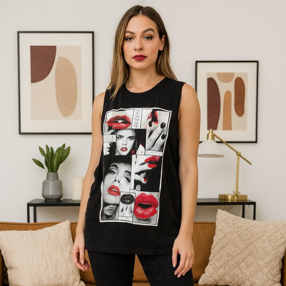 On Fire Tee‎ Shirt Graphic Black XL Beauty Passion Kiss Sleeveless Crop Muscle